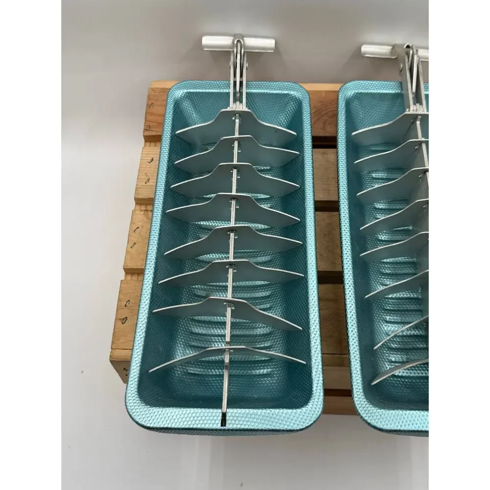 Vintage Metallic Blue Aluminum Ice Cube Trays with Levers - Pair of 2